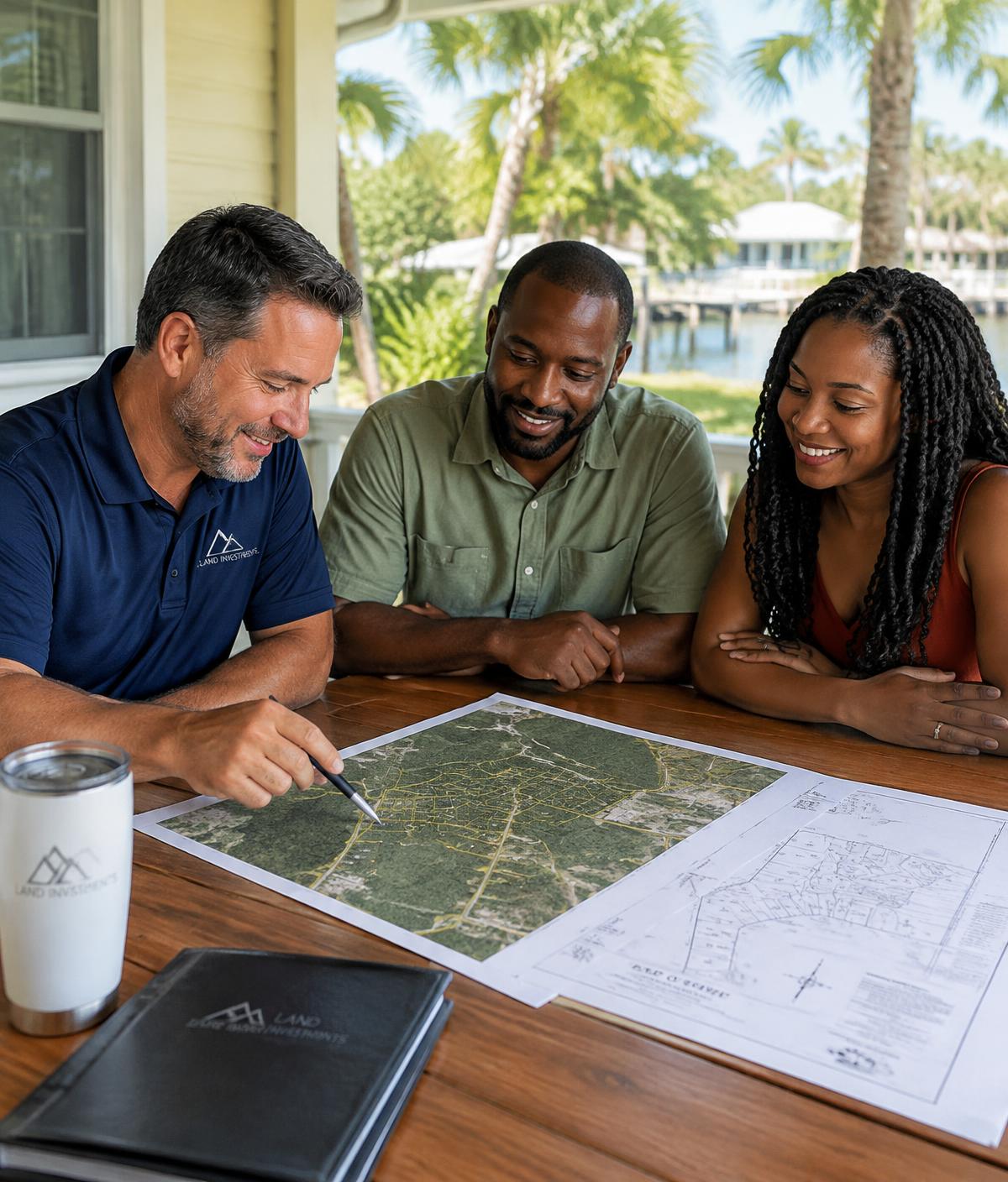 Yawd Vybz consultant reviewing a land map with clients